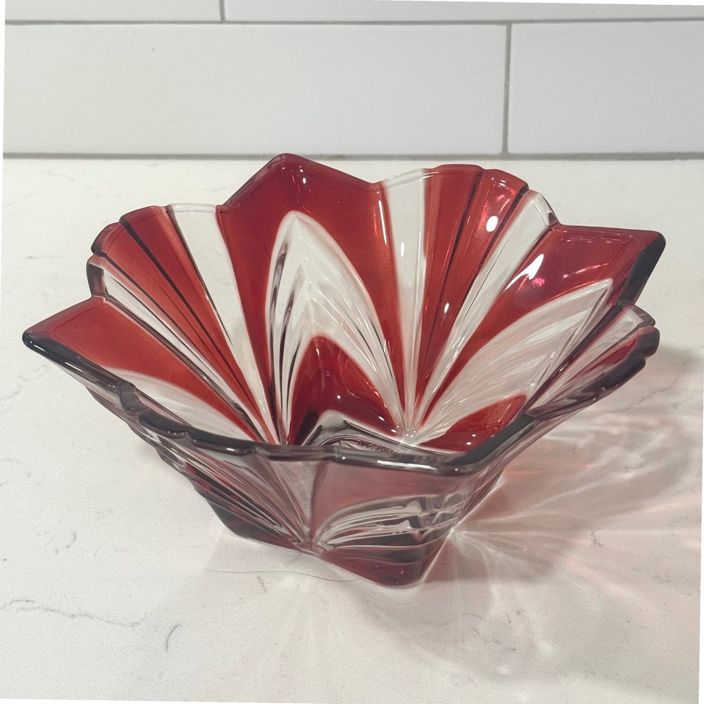 Soga Japan Ruby Red Clear Striped Glass Bowl Scalloped Star Shape Vintage 8.5"